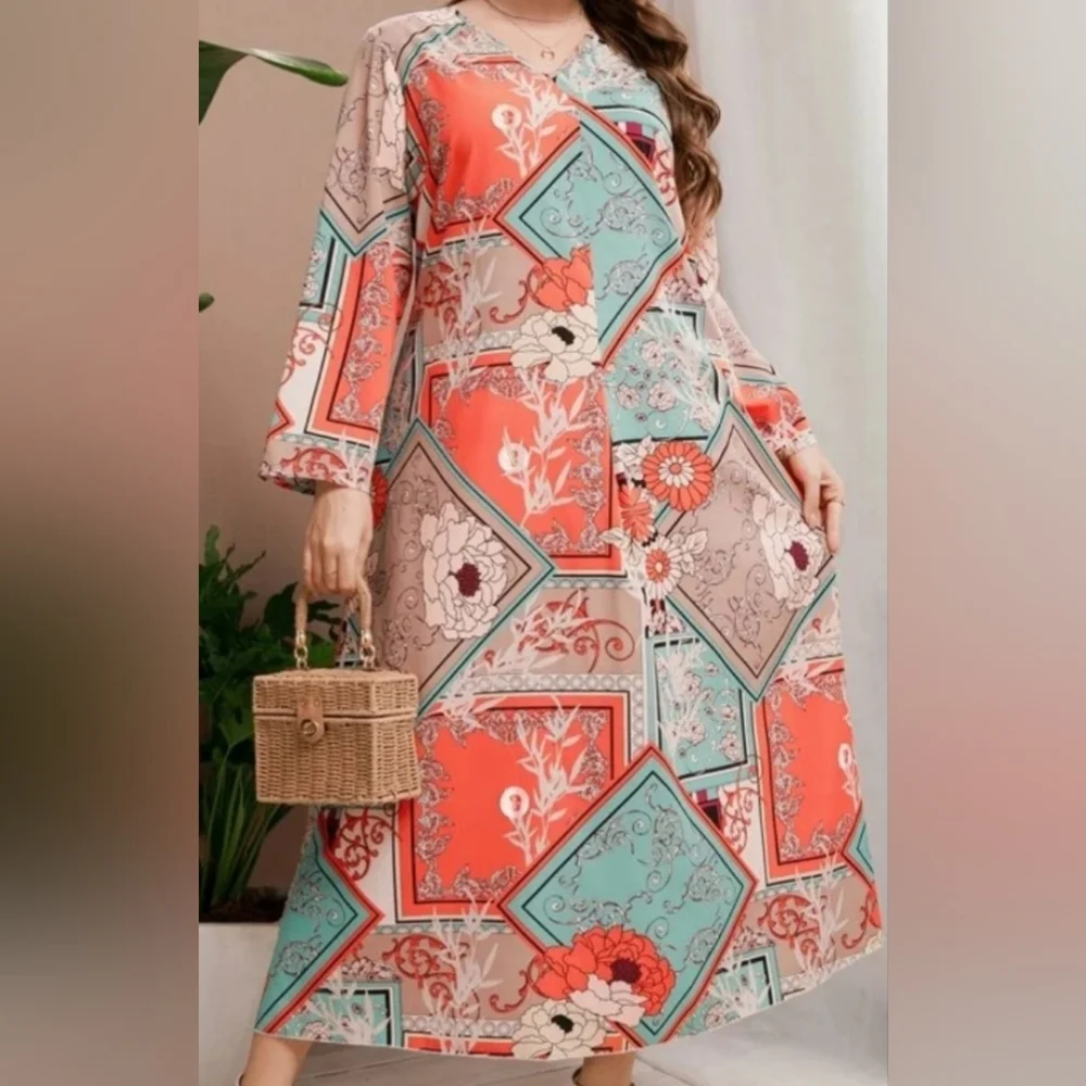 NEW LONG SLEEVE DRESS SIZE 4XL=20 US MULTICOLORED CORAL & TURQUOISE, ETC. - Picture 5 of 5